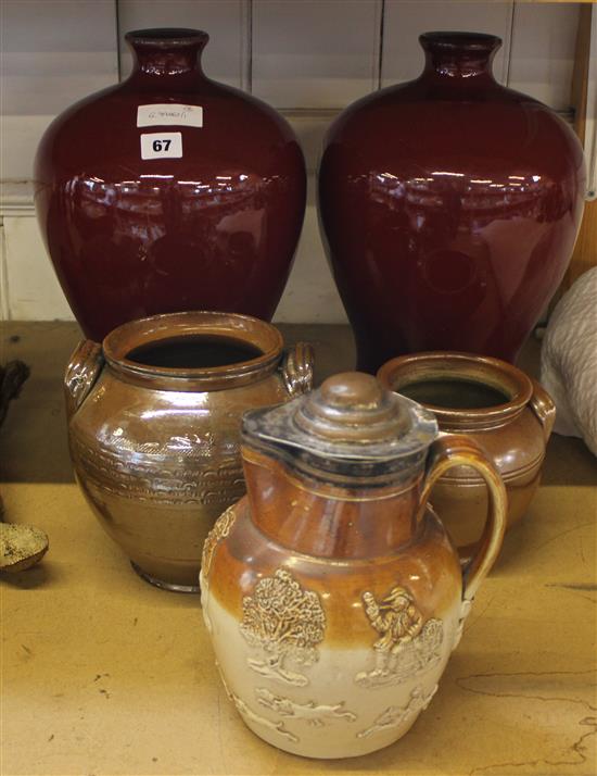 Pair red ground vases, harvest jug and 2 bowls